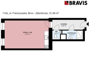 Pronájem bytu 1+kk, Brno, Francouzská, 31 m2