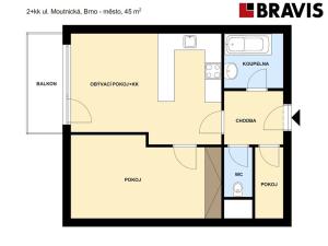 Pronájem bytu 2+kk, Brno, Moutnická, 45 m2