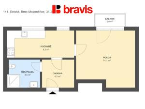 Pronájem bytu 1+1, Brno - Maloměřice, Selská, 31 m2