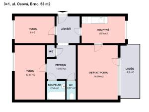 Pronájem bytu 3+1, Brno, Osová, 68 m2