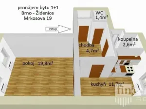 Pronájem bytu 1+1, Brno, Mrkosova, 40 m2
