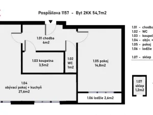 Pronájem bytu 2+kk, Hradec Králové, Pospíšilova, 54 m2