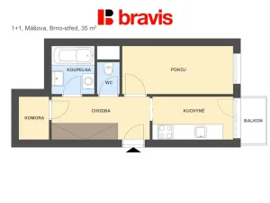 Pronájem bytu 1+1, Brno - Veveří, Mášova, 35 m2