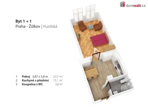 Pronájem bytu 1+1, Praha - Žižkov, Husitská, 42 m2
