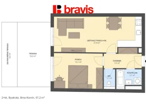 Pronájem bytu 2+kk, Brno - Komín, Bystrcká, 57 m2