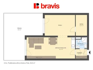 Pronájem bytu 2+kk, Brno - Ponava, Poděbradova, 56 m2