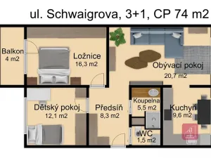Prodej bytu 3+1, Brno, Schwaigrova, 79 m2