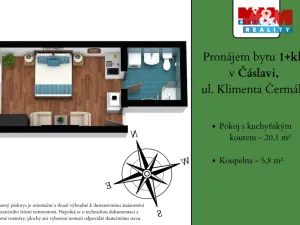 Pronájem bytu 1+kk, Čáslav - Čáslav-Staré Město, Klimenta Čermáka, 26 m2