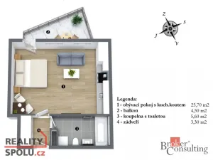 Pronájem bytu 1+kk, Praha - Bohnice, Pekařova, 34 m2