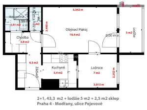 Pronájem bytu 2+1, Praha - Modřany, Pejevové, 49 m2