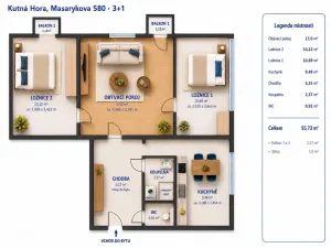 Prodej bytu 3+1, Kutná Hora - Hlouška, Masarykova, 55 m2