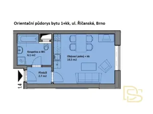 Pronájem bytu 1+kk, Brno - Žebětín, Říčanská, 27 m2