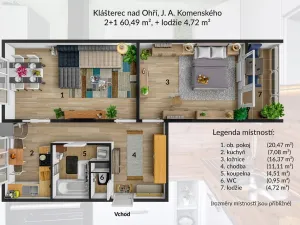 Pronájem bytu 2+1, Klášterec nad Ohří - Miřetice u Klášterce nad Ohří, Jana Ámose Komenského, 60 m2