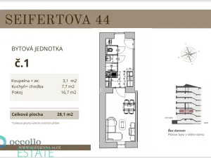 Pronájem bytu 1+kk, Praha, Seifertova, 28 m2