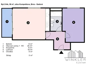Pronájem bytu 2+kk, Brno, Kumpoštova, 56 m2