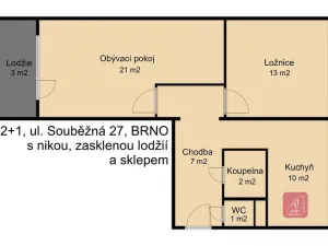 Prodej bytu 2+1, Brno, Souběžná, 55 m2