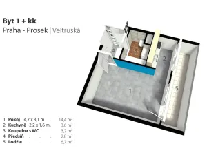 Prodej bytu 1+kk, Praha - Prosek, Veltruská, 33 m2