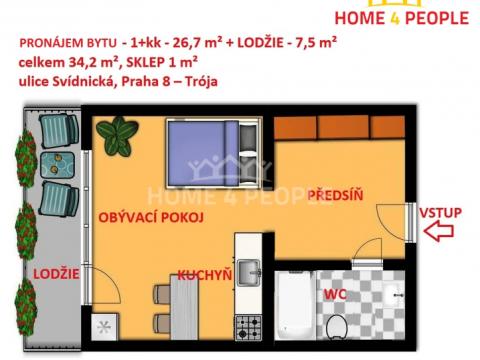 Pronájem bytu 1+kk, Praha - Troja, Svídnická, 34 m2