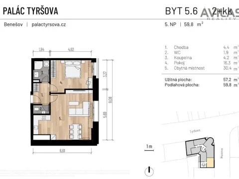 Pronájem bytu 2+kk, Benešov, Tyršova, 57 m2
